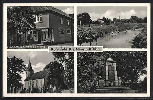 AK Kolenfeld /Neustadt, Kaufhaus Karl Ebeling & Sohn, Ehrenmal, Kirche und Friedhof