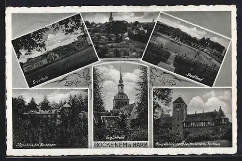 AK Bockenem a. Harz, Stadthalle, Jägerhaus, Stadtbad, Burg Wohldenberg, 