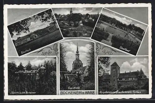 AK Bockenem a. Harz, Stadthalle, Jägerhaus, Stadtbad, Burg Wohldenberg,