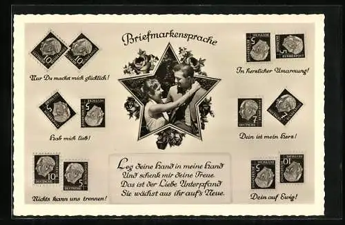 AK Briefmarkensprache, Leg deine Hand in meine Hand..., Liebespaar