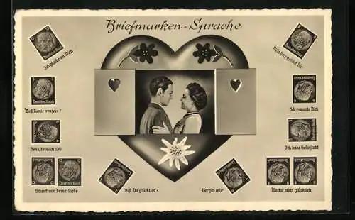 AK Briefmarkensprache, Verliebtes Paar am offenen Fenster, Herz und Edelweiss