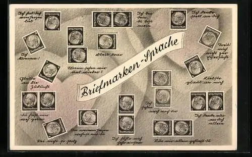 AK Briefmarkensprache, Briefmarken in verschiedenen Ausrichtungen