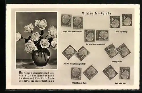 AK Briefmarken-Sprache, Und sind es manchmal wenig Worte..., Rosenvase