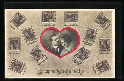 AK Briefmarkensprache, Liebespaar im Herz