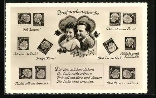 AK Briefmarkensprache, Innige Küsse, Ich komme, Ich erwarte dich