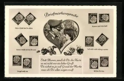 AK Liebespaar im Herz-Passepartout, Briefmarkensprache