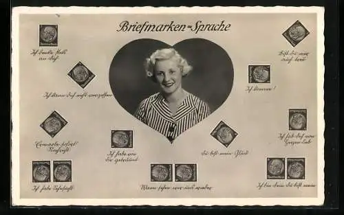 AK Briefmarkensprache für Verliebte, Portrait junge Dame im Herzrahmen