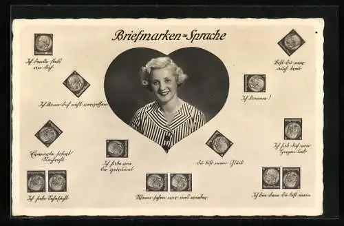 AK Briefmarkensprache für Verliebte, Portrait junge Dame im Herzrahmen