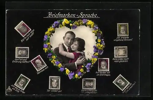 AK Liebespaar in herzförmigem Blumenkranz, Briefmarkensprache