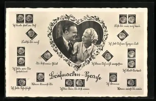 AK Briefmarkensprache, verliebtes Paar