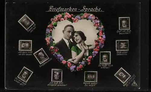 AK Liebespaar im Herz-Passepartout, Briefmarkensprache
