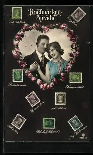 AK Liebespaar im Rosenkranz, Briefmarkensprache