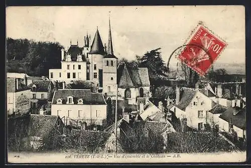 AK Véretz /Indre-et-Loire, Vue d`ensemble et le Château