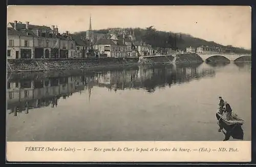 AK Véretz /Indre-et-Loire, Rive gauche du Cher, le pont et le centre du bourg