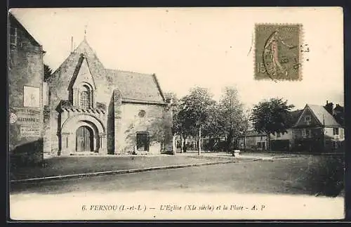 AK Vernou /Indre-et-Loire, L`Eglise et la Place