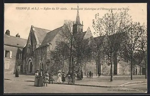 AK Vernou /I.-et-L., Eglise du XIe siècle, Monument historique et l`Orme planté par Sully