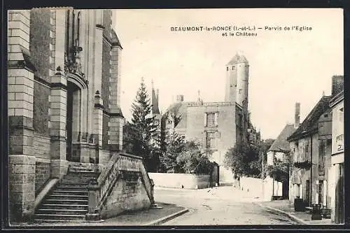 AK Beaumont-la-Ronce, parvis de l`Eglise et la Château