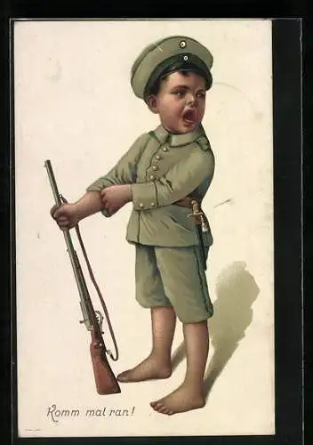 AK Junge als Soldat - Dem Vater zu Hilfe, Kinder Kriegspropaganda