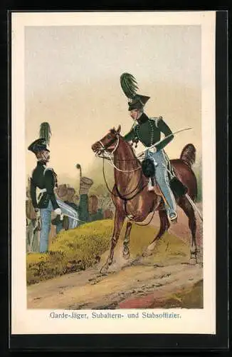 AK Garde-Jäger zu Pferd mit Subaltern und Stabsoffizier, Vormals Königl. Hannoversches Militär um 1840