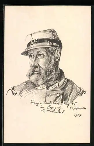 Künstler-AK Kriegsgefangener Französ. Landsturm-Soldat, Bleistift-Portrait