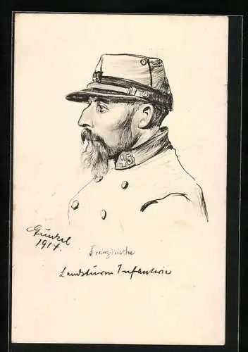 Künstler-AK Kriegsgefangener Soldat der Französischen Landsturm-Infanterie, Bleistift-Portrait