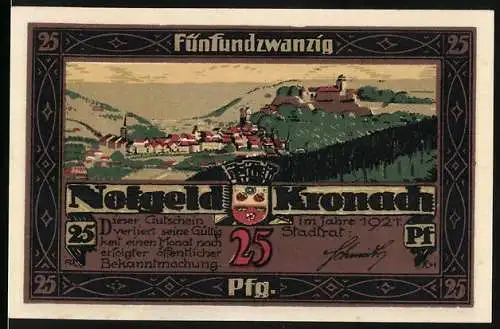 Notgeld Kronach, 1921, 25 Pfennig, Stadtszene und Wappen, signiert von Stadtrat, künstlerische Rückseite