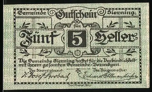 Notgeld Sierning, 1920, 5 Heller, Gutschein der Gemeinde mit Arbeiterabbildung und Einlösebedingungen