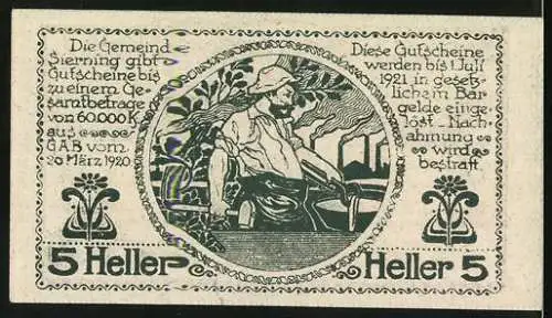 Notgeld Sierning, 1920, 5 Heller, Gutschein der Gemeinde mit Arbeiterabbildung und Einlösebedingungen