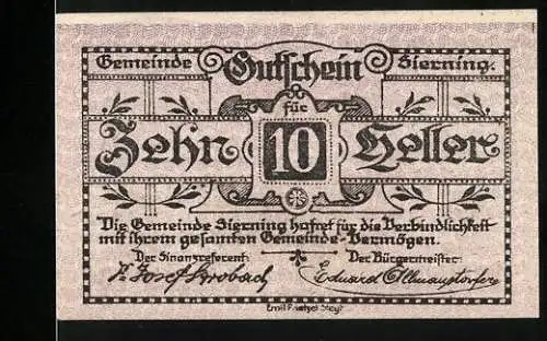 Notgeld Sierning, 1920, 10 Heller, Gutschein für Zehn Heller, Arbeiter mit Hammer und Fabriken im Hintergrund