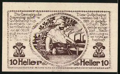 Notgeld Sierning, 1920, 10 Heller, Gutschein für Zehn Heller, Arbeiter mit Hammer und Fabriken im Hintergrund