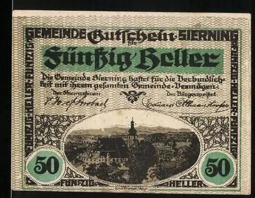 Notgeld Sierning, 1920, 50 Heller, Bauern bei der Feldarbeit und Stadtansicht