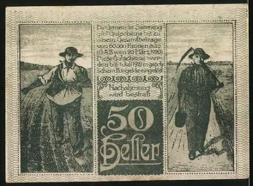 Notgeld Sierning, 1920, 50 Heller, Bauern bei der Feldarbeit und Stadtansicht