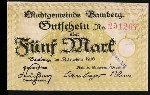 Notgeld Bamberg 1918, 5 Mark, Gutschein Nr. 251267 mit historischem Gebäude und floralen Mustern