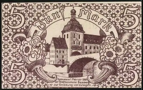 Notgeld Bamberg 1918, 5 Mark, Gutschein Nr. 251267 mit historischem Gebäude und floralen Mustern