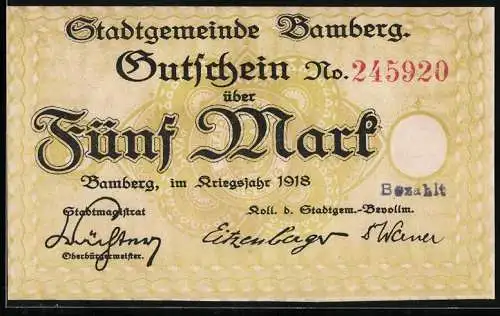 Notgeld Bamberg 1918, Fünf Mark, Gutschein Stadtgemeinde Bamberg Spätestens 1. Februar 1919 einzulösen