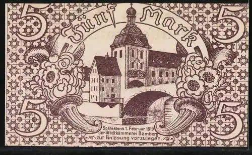 Notgeld Bamberg 1918, Fünf Mark, Gutschein Stadtgemeinde Bamberg Spätestens 1. Februar 1919 einzulösen