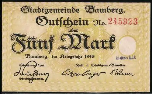 Notgeld Bamberg, 1918, fünf Mark, Gutschein der Stadtgemeinde Bamberg mit Gebäudeillustration