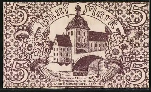 Notgeld Bamberg, 1918, fünf Mark, Gutschein der Stadtgemeinde Bamberg mit Gebäudeillustration