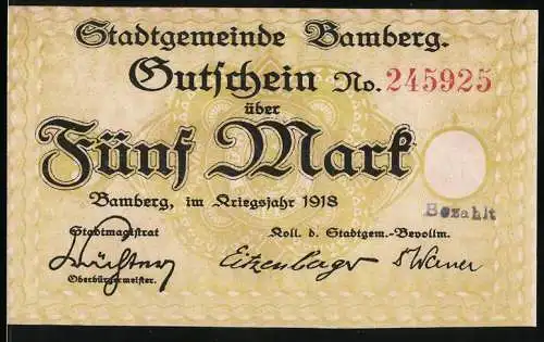 Notgeld Bamberg 1918, 5 Mark, Gutschein der Stadtgemeinde mit Brückenmotiven und Stadtbild