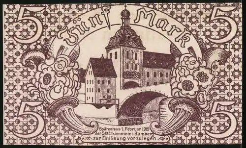 Notgeld Bamberg 1918, 5 Mark, Gutschein der Stadtgemeinde mit Brückenmotiven und Stadtbild