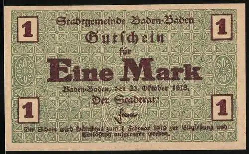 Notgeld Baden-Baden, 1918, Eine Mark, Gutschein der Stadtgemeinde Baden-Baden, grün-beige mit roter Schrift