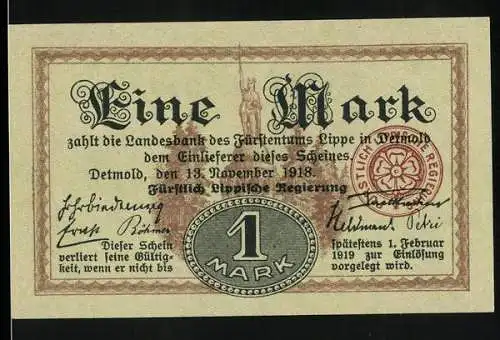 Notgeld Detmold 1918, 1 Mark, Landesbank des Fürstentums Lippe, Gültig bis 1. Februar 1919