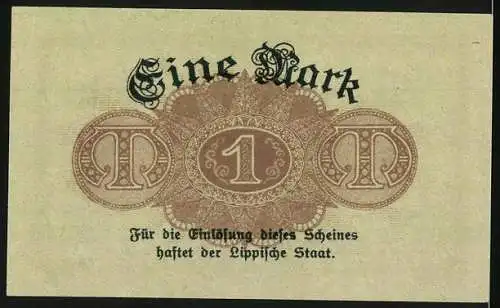 Notgeld Detmold 1918, 1 Mark, Landesbank des Fürstentums Lippe, Gültig bis 1. Februar 1919