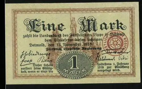 Notgeld Detmold 1918, 1 Mark, Landesbank des Fürstentums Lippe, Einlösung bis 1. Februar 1919