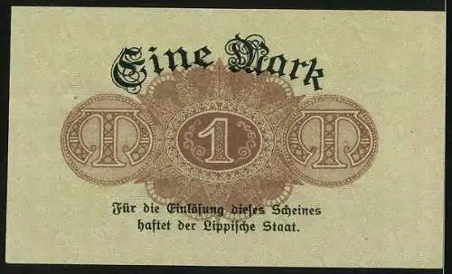 Notgeld Detmold 1918, 1 Mark, Landesbank des Fürstentums Lippe, Einlösung bis 1. Februar 1919