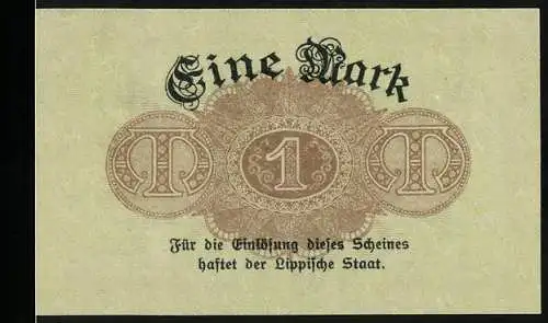 Notgeld Detmold 1918, 1 Mark, Landesbank des Fürstentums Lippe, gültig bis 1. Februar 1919, rote und schwarze Schrift