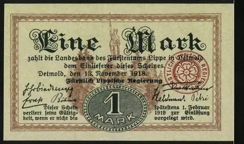 Notgeld Detmold 1918, 1 Mark, Landesbank des Fürstentums Lippe, gültig bis 1. Februar 1919, rote und schwarze Schrift