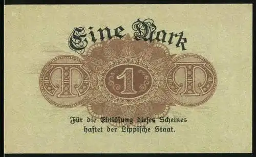 Notgeld Detmold 1918, 1 Mark, Einlöse-Schein der Landesbank des Fürstentums Lippe