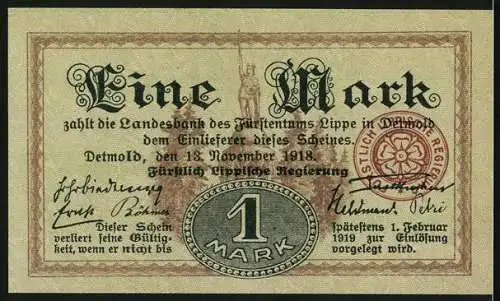 Notgeld Detmold 1918, 1 Mark, Einlöse-Schein der Landesbank des Fürstentums Lippe