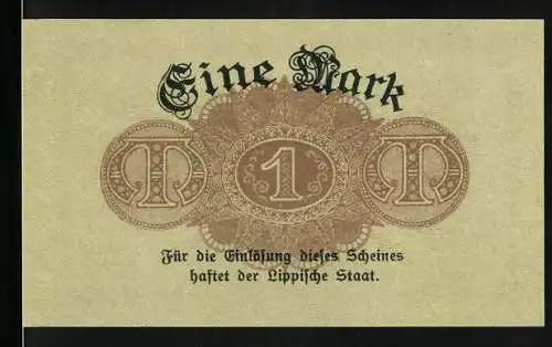 Notgeld Detmold 1918, 1 Mark, Landesbank des Fürstentums Lippe mit rotem Siegel und Unterschriften